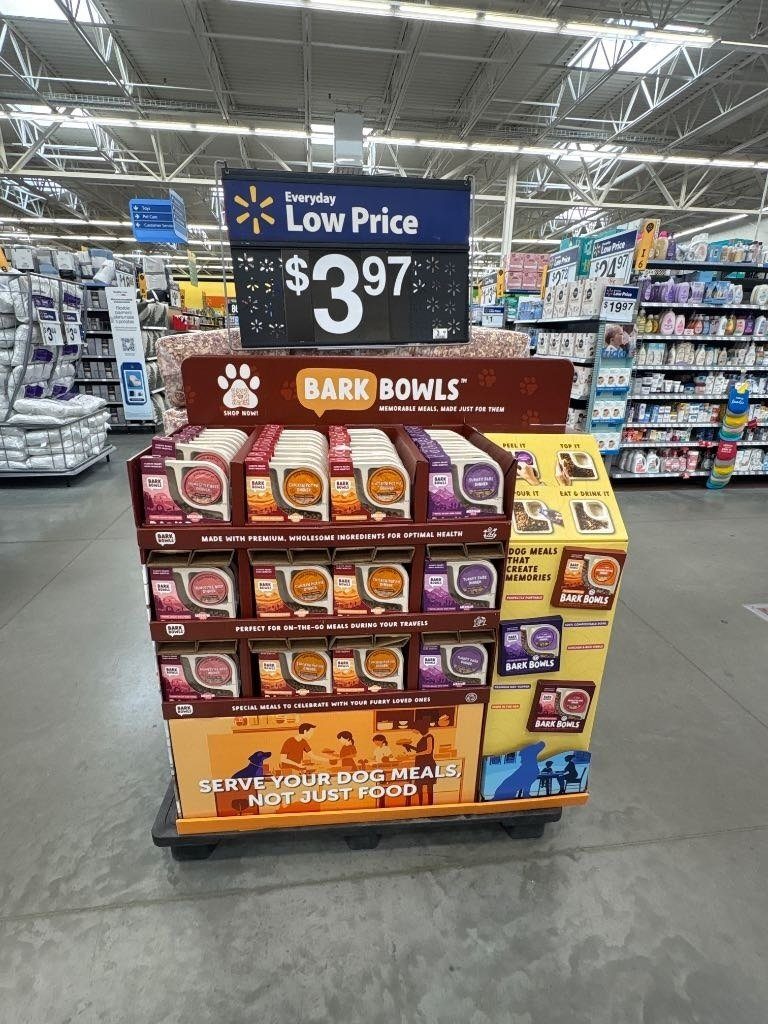 Bark Bowls half pallet display on the Walmart floor
