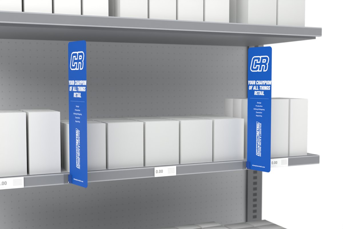 Bookend blades shown on a store shelf, Champion Retail sample art