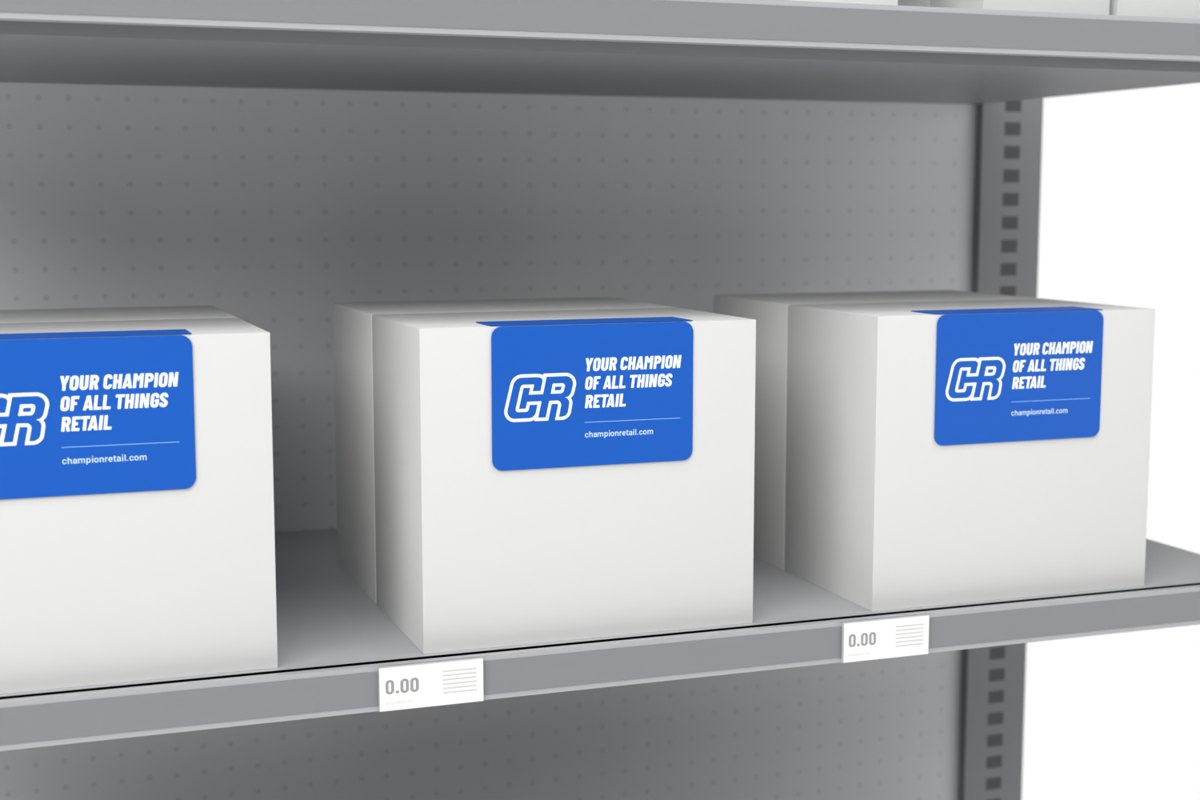 Box talker shown on a store shelf, Champion Retail sample art