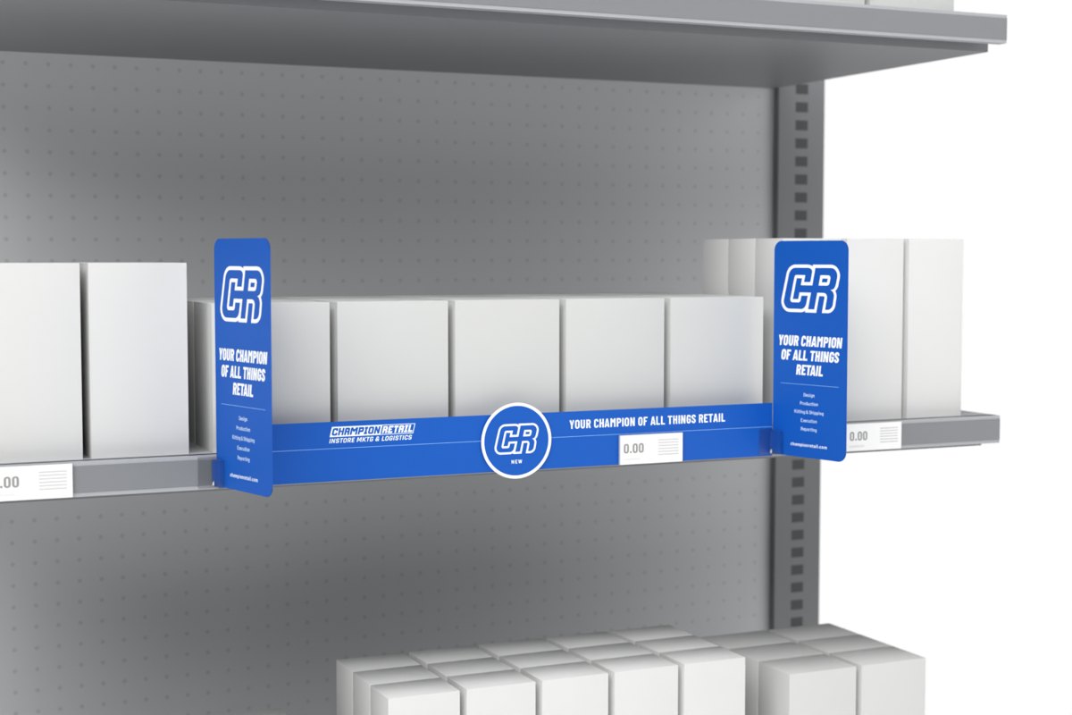 Connected shelf talkers and strip shown on a store shelf, Champion Retail sample art