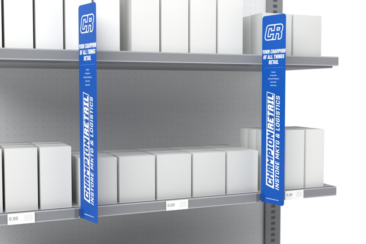 Long shelf blades shown on a store shelf, Champion Retail sample art