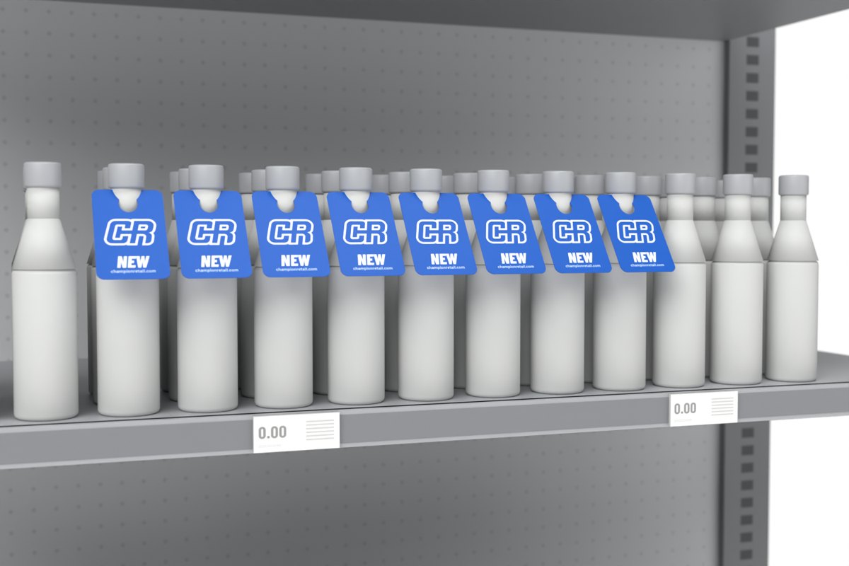 Neck hanger shown on a store shelf, Champion Retail sample art