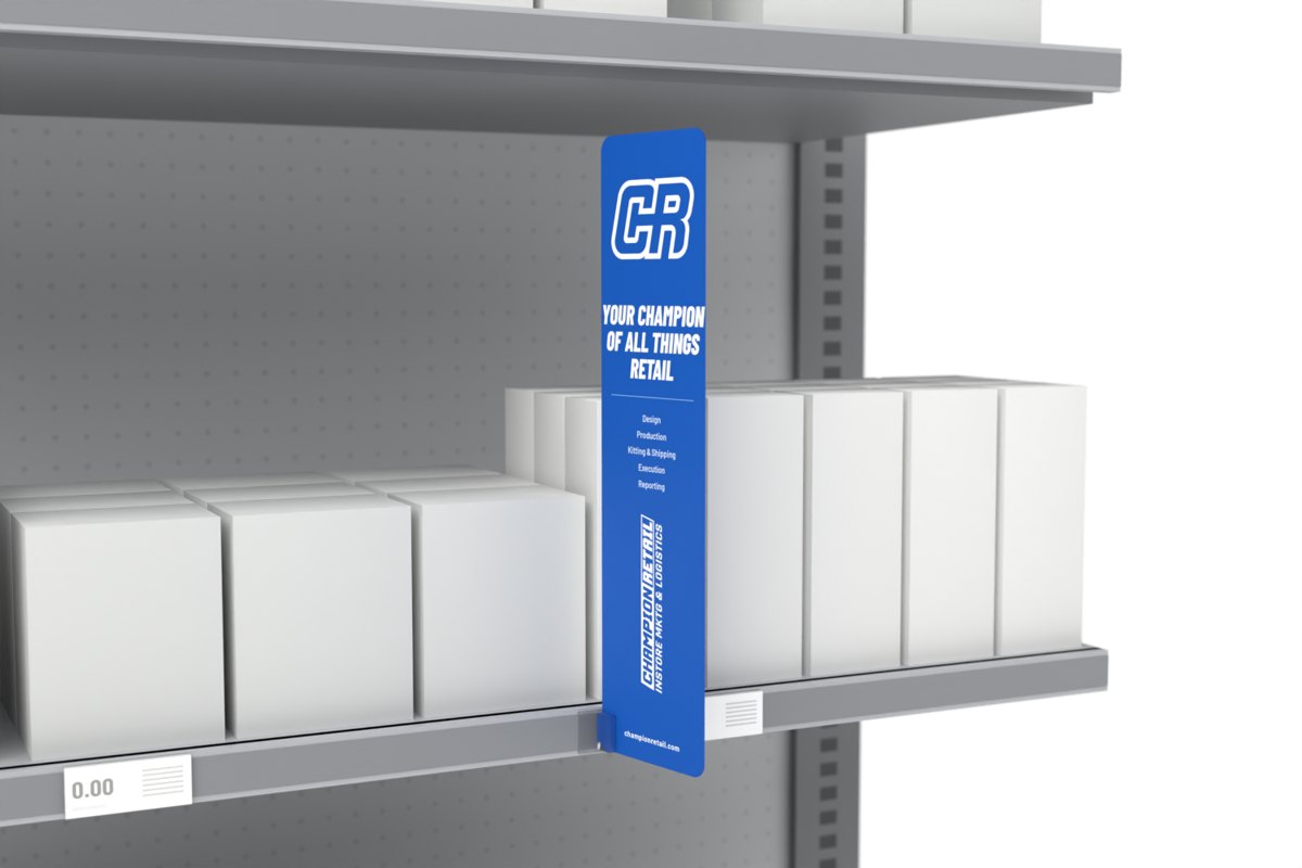 Shelf blade shown on a store shelf, Champion Retail sample art