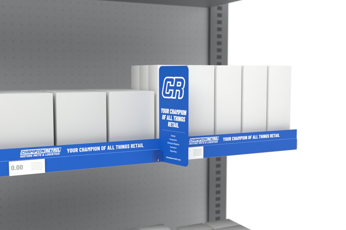 Shelf talker with shelf strip shown on a store shelf, Champion Retail sample art