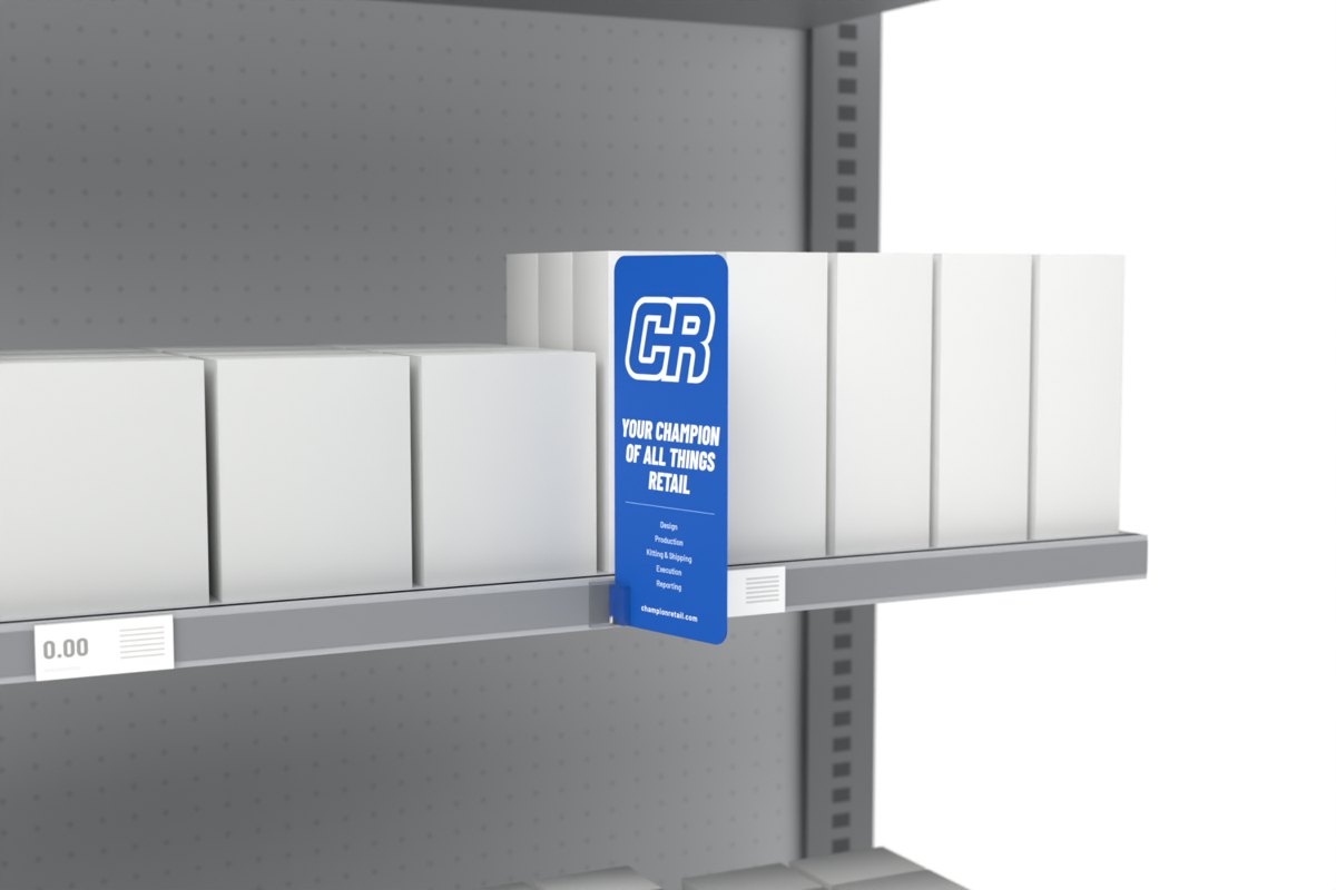 Shelf talker shown on a store shelf, Champion Retail sample art